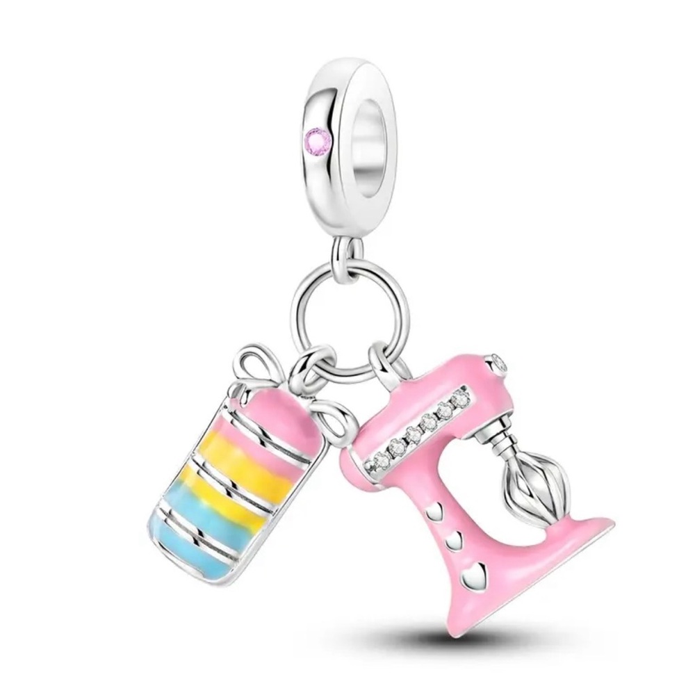 👩‍🍳 New! 2 pc 925 Sterling Silver Macaron Baking Mixer Dangle Charm w Gift Bag